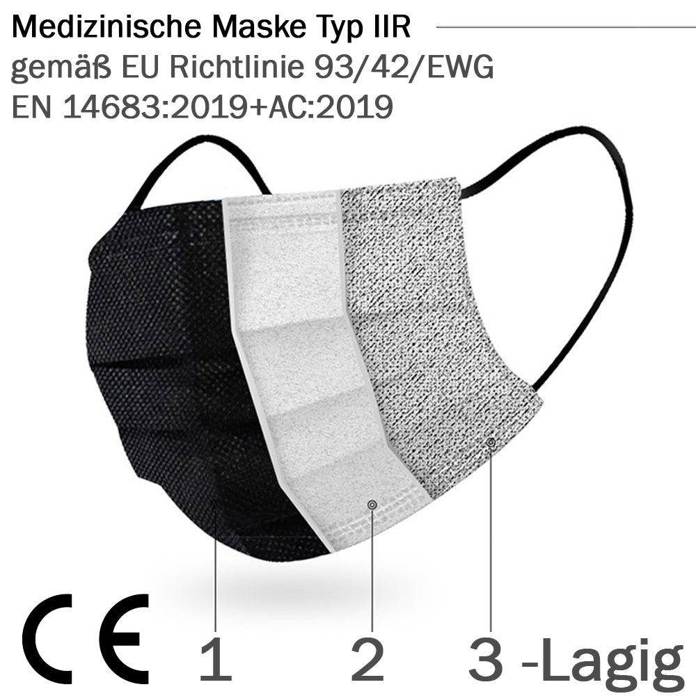 50x OP-Maske, Mundschutz Schwarz (used look) stylischer Nasenschutz Atemschutz Typ IIR 3 lagig Masken Camouflage-Schwarz - Atemschutzmasken