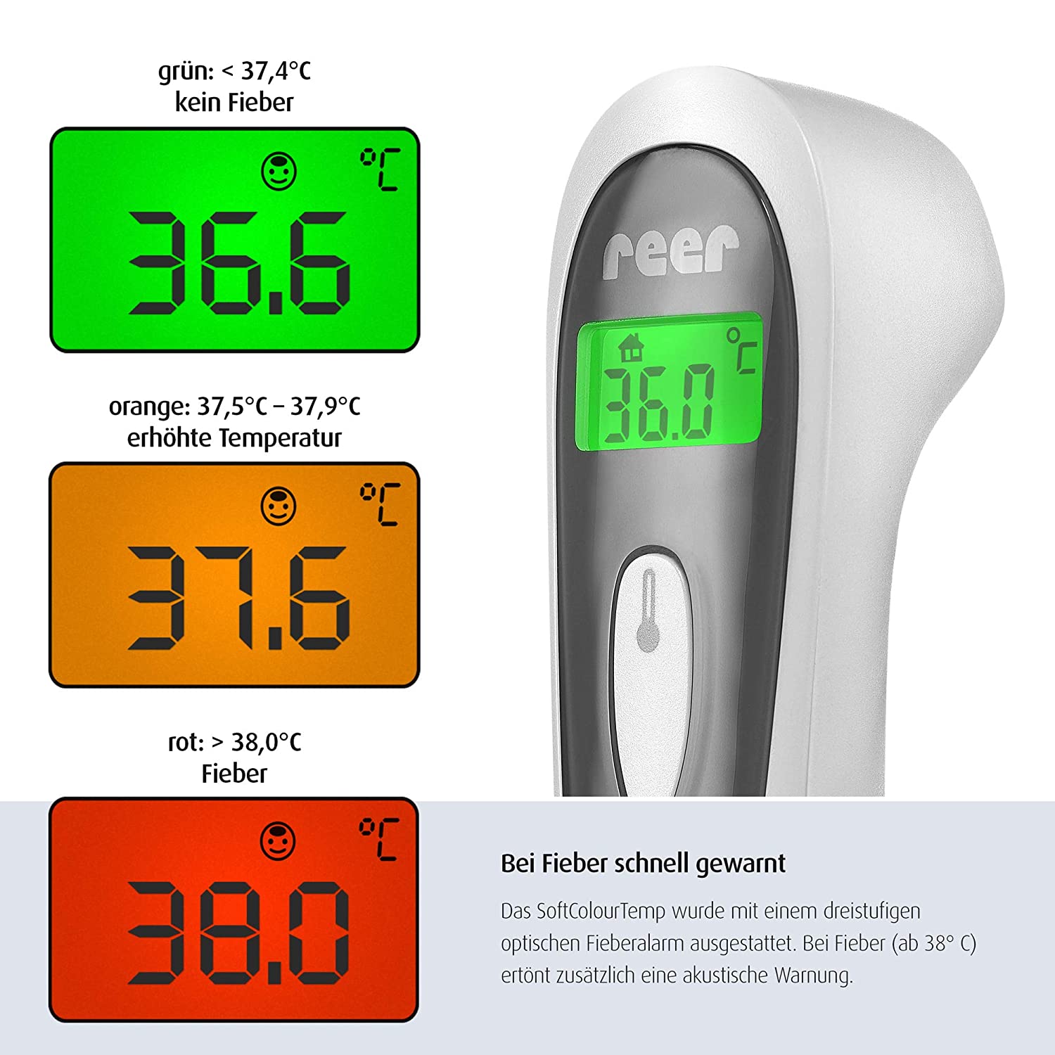 Reer Colour SoftTemp 3in1 Infrarot-Fieberthermometer fürs Baby mit optischem Fieber-Warner weiß - Fieberthermometer