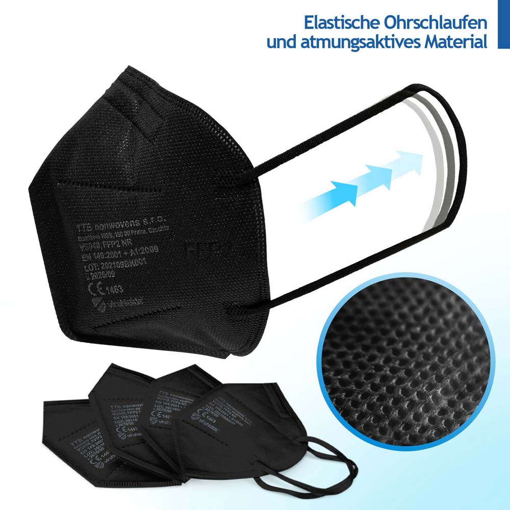 FFP2 Masken in Schwarz, 10 Stück (einzeln luftdicht verpackt) | Mundschutzmaske 5-lagig EU CE Zertifiziert - EN 149:2001+A1:2009 - Atemschutzmasken