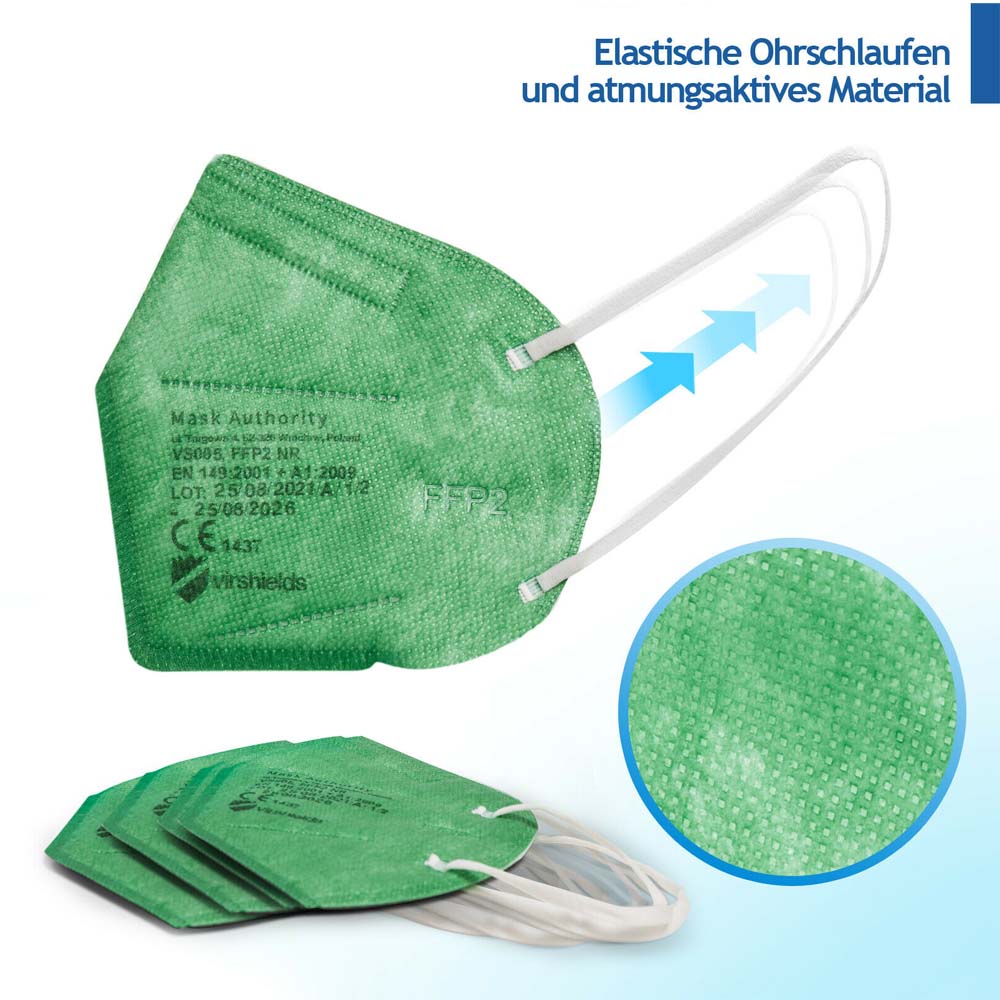 FFP2 Maske in Grün. Made in EU, CE Zertifiziert, 10 Stück einzeln verpackt - Medizinische Masken