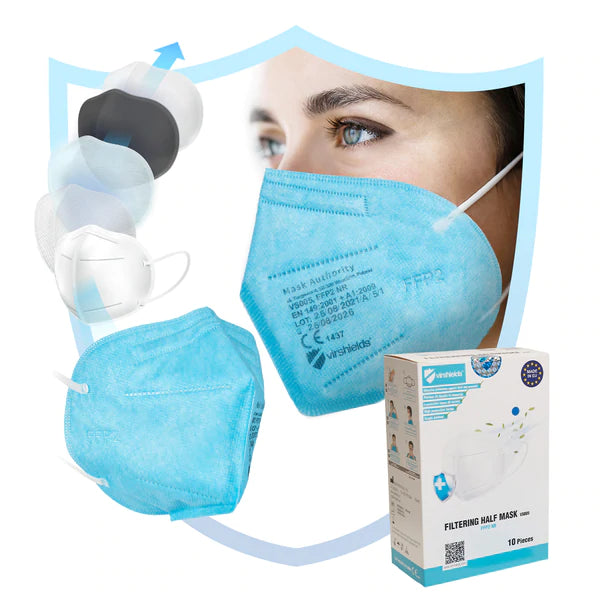 FFP2 Masken in Blau / Türkis. Made in EU, CE Zertifiziert, 10 Stück einzeln verpackt - Medizinische Masken